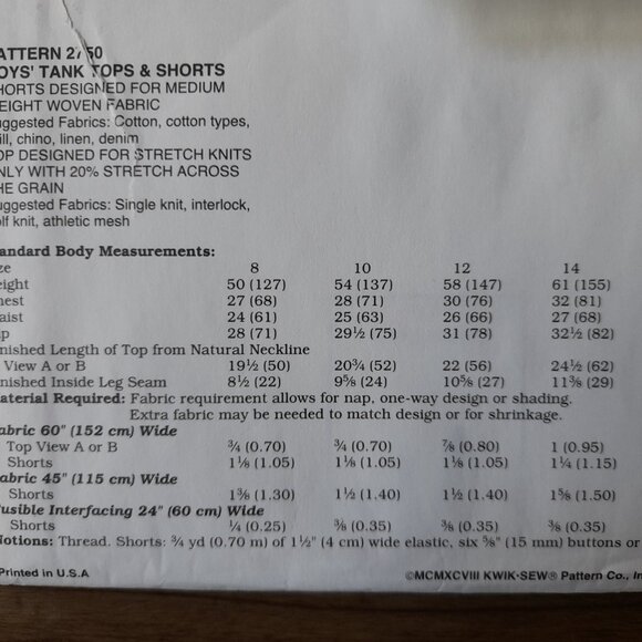 Boys Tank Top & Cargo Shorts Sewing Pattern Sizes 8-14 Kwik Sew 2750 UNCUT - Picture 6 of 8